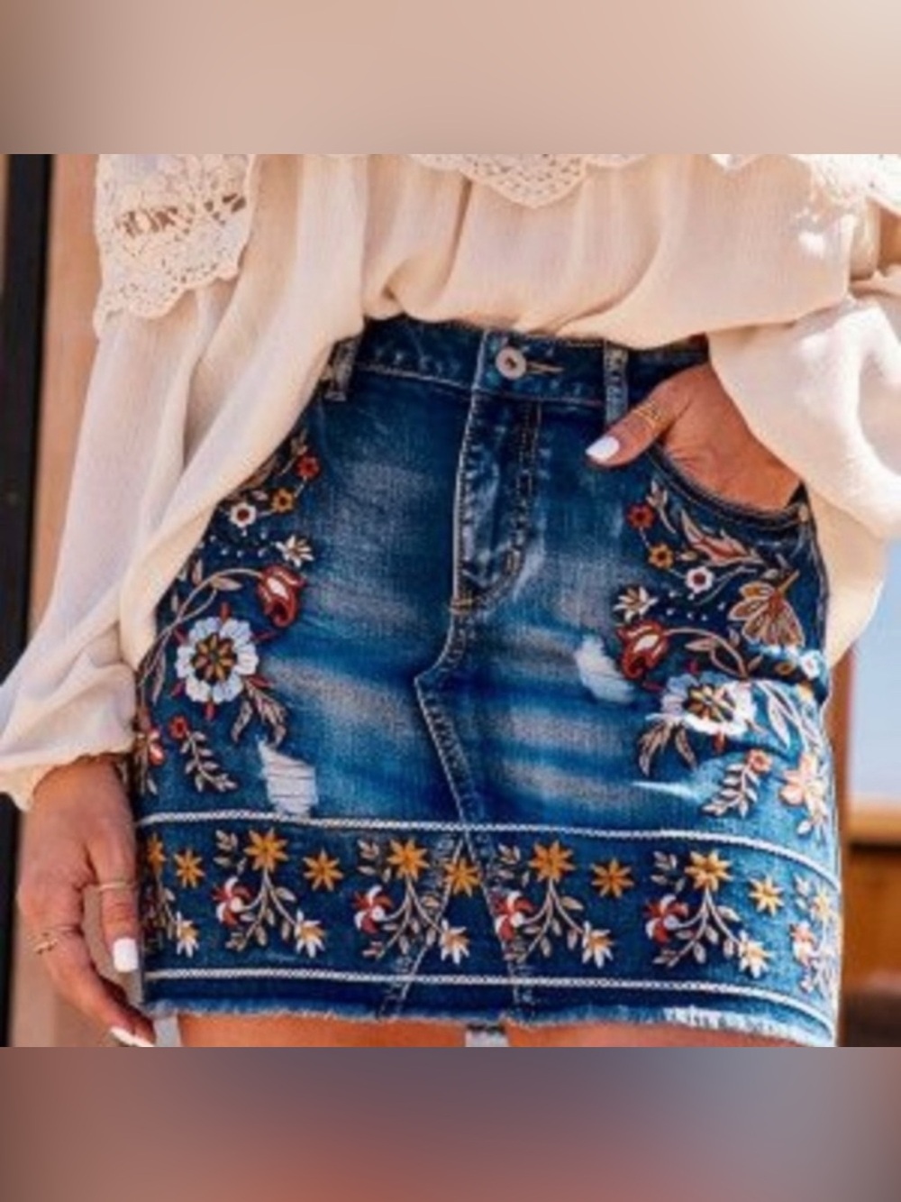 Altar'd State Blue Denim Embroidered Floral Mini Skirt with Raw Hem Size M